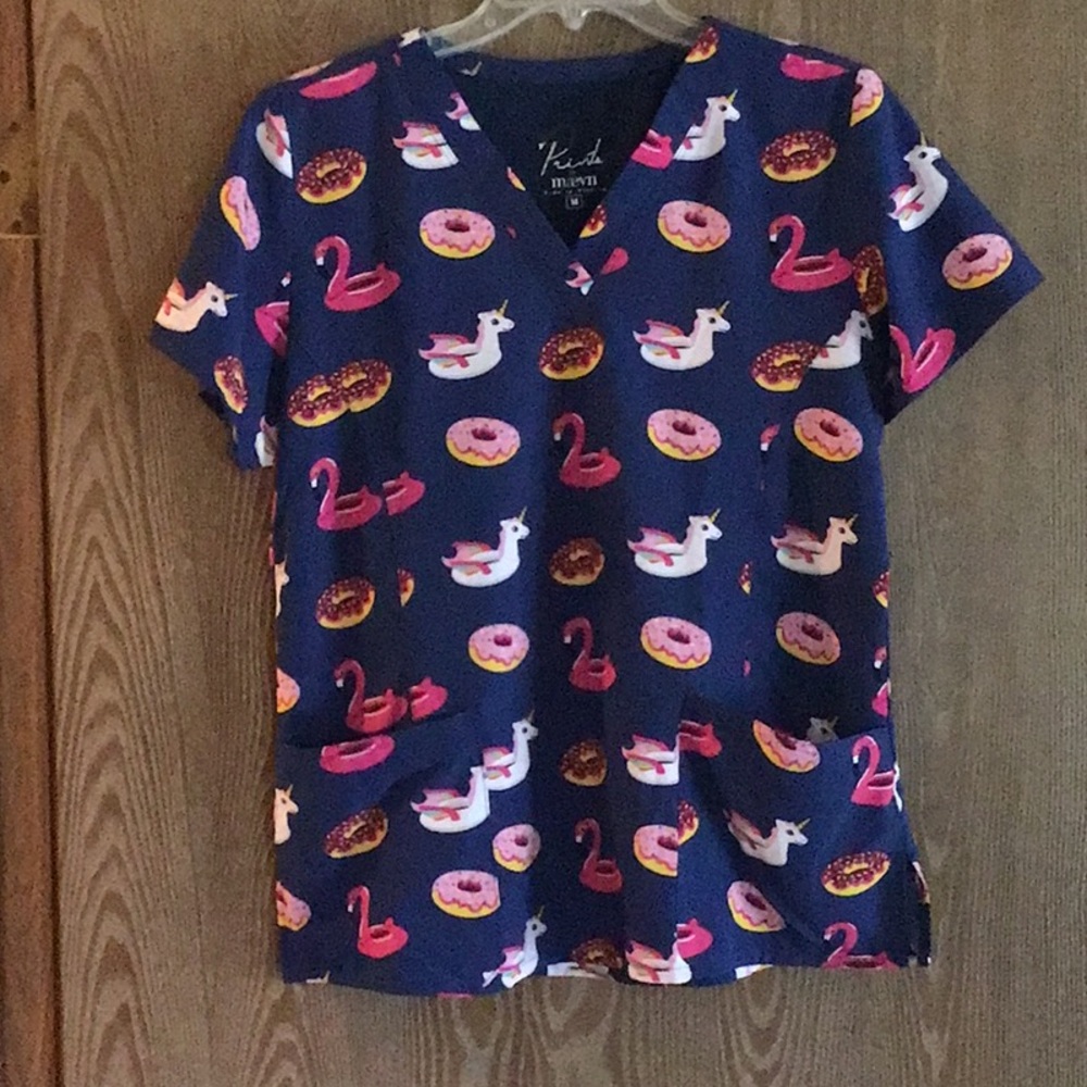 Maeve Navy Blue Scrub Top with Pink and White characters